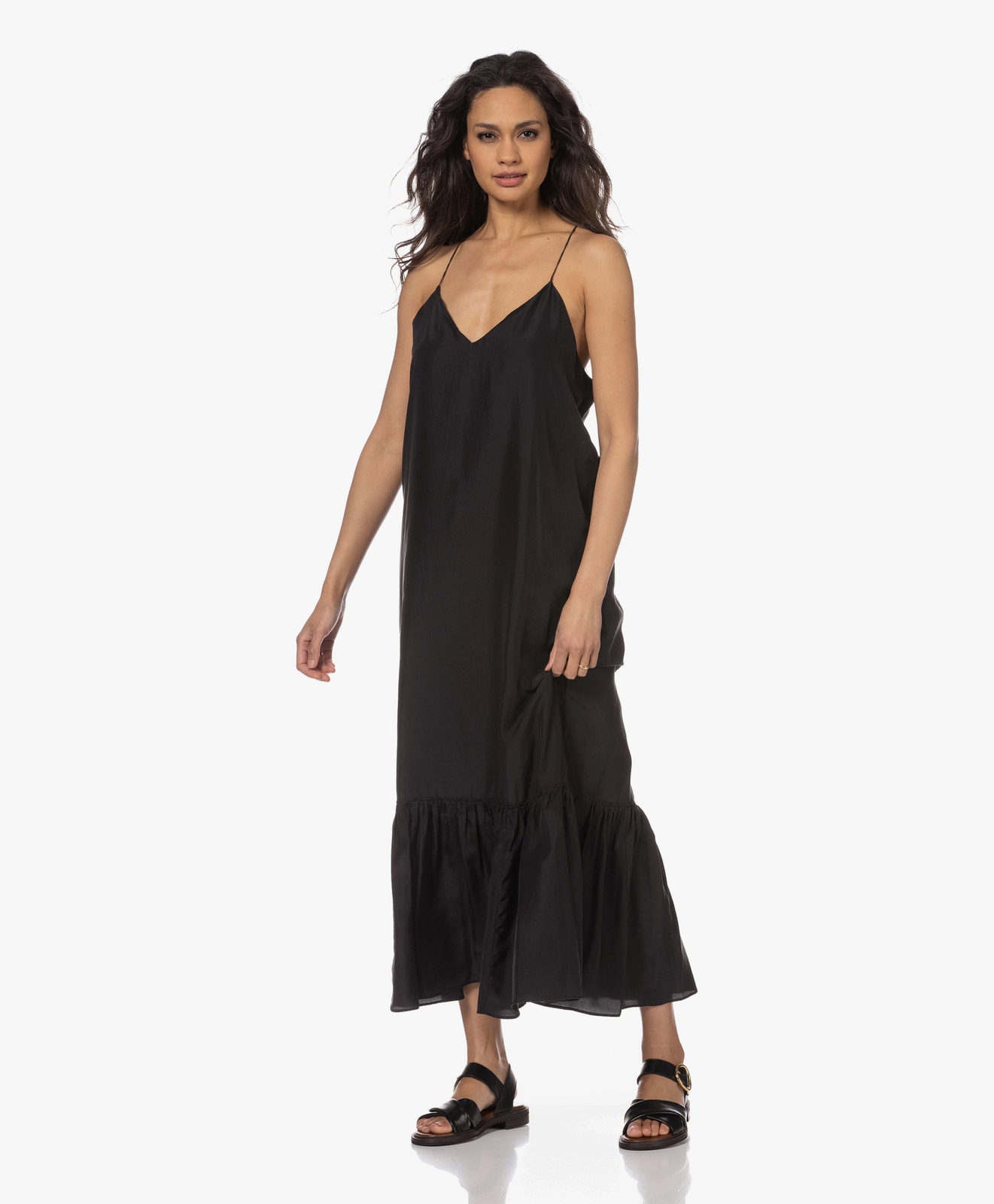 Pomandere Black Sleeveless V-Neck Flounce Hem Slip Maxi Dress Size 2